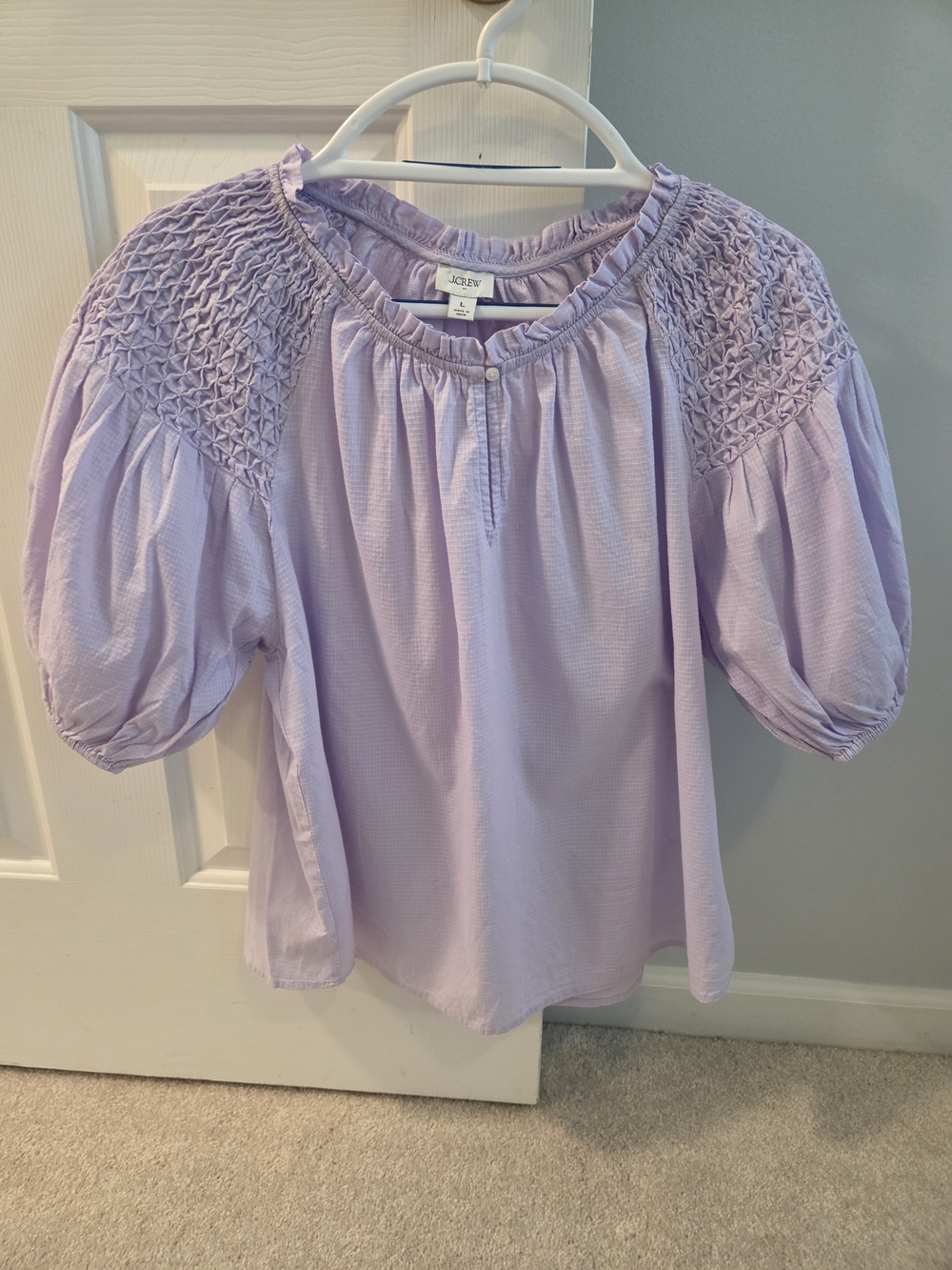 J. Crew Lavender Smocked Puff-Sleeve Peasant Top